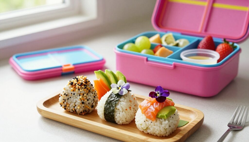 A beautifully arranged lunch scene featuring a variety of colorful rice balls, delicately shaped and garnished with sliced vegetables and small edible flowers. In the foreground, three rice balls are displayed on a bamboo plate, showcasing their textures—some coated with furikake, others wrapped in nori, and a few filled with fresh ingredients like salmon and avocado. The middle ground presents a vibrant lunch box open beside the plate, highlighting additional compartments filled with fruits like strawberries and grapes, as well as a small container of dipping sauce. The background consists of a kitchen countertop with soft, natural lighting filtering through a nearby window, creating a warm and inviting atmosphere. The overall mood is cheerful and playful, perfect for a kid's lunch setting. A beautifully arranged lunch scene featuring a variety of colorful rice balls, delicately shaped and garnished with sliced vegetables and small edible flowers. In the foreground, three rice balls are displayed on a bamboo plate, showcasing their textures—some coated with furikake, others wrapped in nori, and a few filled with fresh ingredients like salmon and avocado. The middle ground presents a vibrant lunch box open beside the plate, highlighting additional compartments filled with fruits like strawberries and grapes, as well as a small container of dipping sauce. The background consists of a kitchen countertop with soft, natural lighting filtering through a nearby window, creating a warm and inviting atmosphere. The overall mood is cheerful and playful, perfect for a kid's lunch setting.