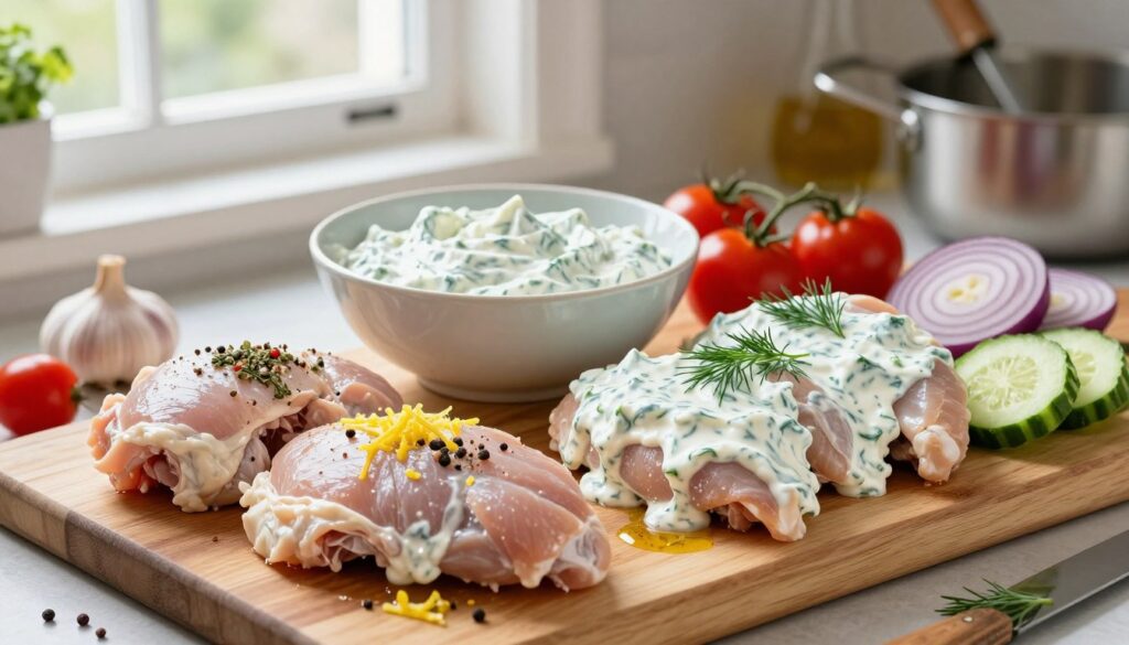 A beautifully arranged marinated chicken platter, featuring tender chicken pieces marinated in a creamy tzatziki sauce, garnished with fresh dill and sliced cucumbers. In the foreground, a cutting board displays raw chicken garnished with aromatic herbs and spices like garlic, lemon zest, and olive oil. In the middle, a stylish bowl filled with the creamy tzatziki sauce complements the marinated chicken, surrounded by vibrant cherry tomatoes and sliced red onions. The background shows a kitchen setting with natural light streaming through a window, highlighting cooking utensils and fresh ingredients. The atmosphere is warm and inviting, set at a slight angle to capture depth and focus on the appealing textures of the food.