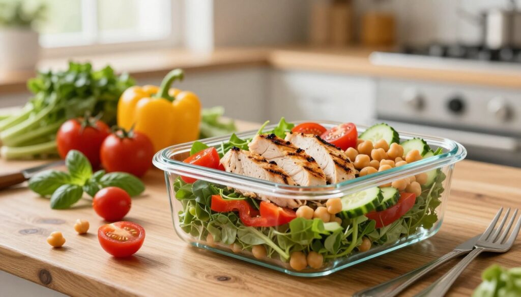 A beautifully arranged meal prep scene featuring a colorful grilled chicken and vegetable salad with chickpeas. In the foreground, a clear glass meal prep container filled with vibrant greens, grilled chicken strips, cherry tomatoes, cucumbers, bell peppers, and chickpeas, all artfully layered. In the middle ground, a rustic wooden table with an assortment of fresh vegetables and herbs scattered around, adding a pop of color and texture. The background features a softly blurred kitchen setting with warm, natural light flooding through a window, creating an inviting and cozy atmosphere. The overall mood is fresh and healthy, perfect for meal prep inspiration.