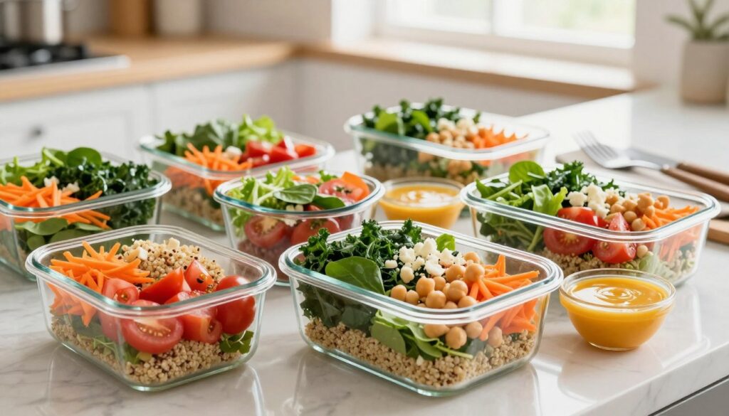 A beautifully arranged meal prep scene featuring vibrant salads packed with balanced ingredients. In the foreground, various glass containers filled with colorful layers: fresh greens like spinach and kale, diced tomatoes, shredded carrots, quinoa, chickpeas, and a sprinkle of feta. In the middle ground, there are neatly placed serving utensils and small bowls of homemade dressing in vibrant colors. The background showcases a bright kitchen with natural light streaming through a window, enhancing the freshness of the ingredients. The atmosphere is inviting and energetic, reflecting a healthy lifestyle. The image should be captured from an overhead angle to emphasize the layers and colors of each salad, using soft focus for a warm, welcoming feel.