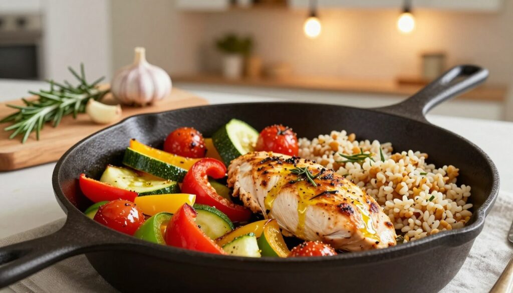 A beautifully arranged one-pan healthy dinner, showcasing a vibrant mix of roasted vegetables, lean proteins, and grains. In the foreground, a high-quality cast-iron skillet filled with colorful bell peppers, zucchini, cherry tomatoes, and seasoned chicken breast, glistening with olive oil and herbs. The middle reveals a wooden board with fresh ingredients like garlic cloves and sprigs of rosemary, subtly hinting at homemade flavors. In the background, a softly lit modern kitchen setting, featuring warm light emanating from pendant lamps, creating a cozy atmosphere. The image is shot from a slight overhead angle, emphasizing the inviting presentation of the meal, inspiring viewers to explore deliciously easy one-pan dinner ideas.