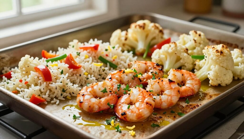 A beautifully arranged one pan meal featuring succulent shrimp and roasted cauliflower. In the foreground, a glossy, vibrant presentation of perfectly cooked shrimp with a slight char, garnished with fresh parsley and a sprinkle of lemon zest. Surrounding the shrimp, fluffy cauliflower rice, speckled with colorful bell peppers, and hints of green onions, creating a striking contrast. The middle ground showcases the sheet pan’s texture, lightly browned and glistening from olive oil. In the background, a soft-focus kitchen setting with warm, natural light filtering through a window, casting gentle shadows. The atmosphere is inviting and homey, evoking the ease of preparing an allergy-friendly meal. The angle captures a top-down view, highlighting the dish while keeping the background uncluttered. A beautifully arranged one pan meal featuring succulent shrimp and roasted cauliflower. In the foreground, a glossy, vibrant presentation of perfectly cooked shrimp with a slight char, garnished with fresh parsley and a sprinkle of lemon zest. Surrounding the shrimp, fluffy cauliflower rice, speckled with colorful bell peppers, and hints of green onions, creating a striking contrast. The middle ground showcases the sheet pan’s texture, lightly browned and glistening from olive oil. In the background, a soft-focus kitchen setting with warm, natural light filtering through a window, casting gentle shadows. The atmosphere is inviting and homey, evoking the ease of preparing an allergy-friendly meal. The angle captures a top-down view, highlighting the dish while keeping the background uncluttered.