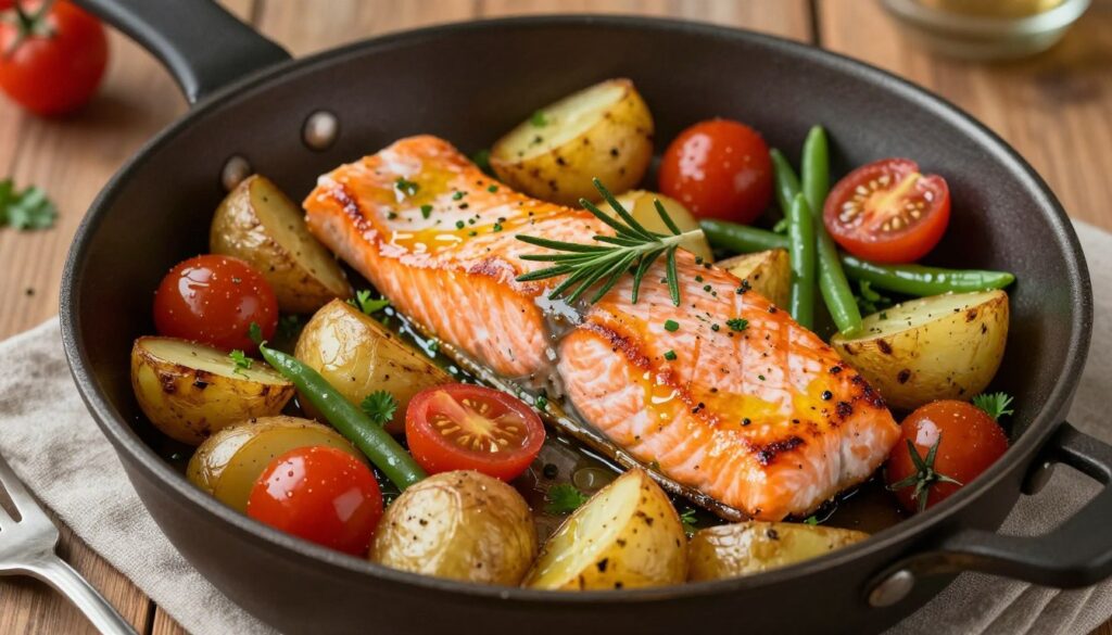 A beautifully arranged one pan of salmon fillets and roasted potatoes, glistening with olive oil and garnished with fresh herbs like rosemary and parsley. The salmon, expertly cooked to a golden perfection, is placed artistically alongside tender, crispy potatoes, with vibrant vegetables such as cherry tomatoes and green beans scattered around for contrast. The image captures the scene from a slightly elevated angle, showcasing the vibrant colors and textures. Soft, warm lighting highlights the dish, creating a cozy, inviting atmosphere. The background features a rustic wooden table, enhancing the home-cooked feel. The overall mood is one of warmth and simplicity, emphasizing the ease and appeal of quick, healthy meals. The composition is well-balanced, focusing on the food without any distractions.