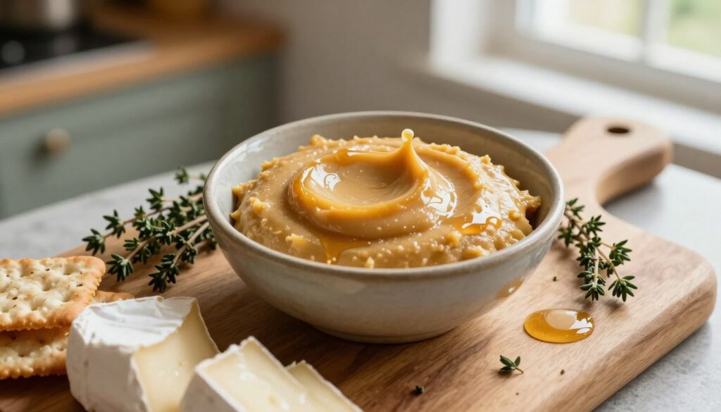 A beautifully arranged overhead view of a maple butter base, featuring a smooth, golden-brown spread in a small rustic bowl. Surrounding the bowl, there are fresh ingredients such as sprigs of thyme and a drizzle of maple syrup, enhancing the inviting look. In the foreground, there's a wooden cutting board with slices of creamy brie cheese and assorted crackers, creating a tempting appetizer display. The background softly blurred reveals a hint of a Mediterranean kitchen setting, with natural light streaming in from a nearby window, casting warm highlights. The atmosphere exudes a cozy, inviting mood, perfect for an easy gathering, showcasing the process of preparing a delicious olive pâté and maple butter base.