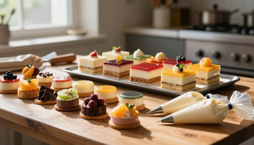 A beautifully arranged pastry assembly scene showcasing an elegant entremet with multiple layers of mousse, sponge, and glaze in vibrant colors. In the foreground, a wooden surface displays various pastry components, like fresh fruits, chocolate shards, and piping bags filled with cream, to emphasize the crafting process. In the middle ground, a tray holds the semi-finished entremet, adorned with glossy glaze and delicate decorations, inviting viewers into the art of pastry making. Soft, diffused natural light streams in from a nearby window, casting gentle shadows to create a warm ambiance. The background features a softly blurred kitchen setting, with baking tools and ingredients subtly visible, enhancing the professional yet cozy atmosphere of a culinary workspace. Aim for a balanced composition highlighting the intricacies of pastry assembly.