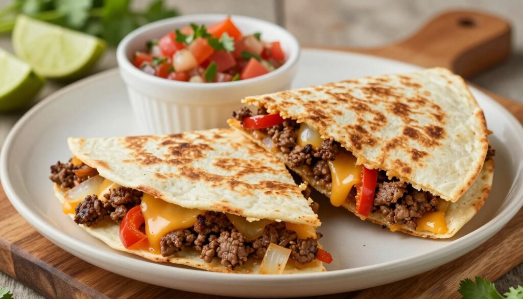 A beautifully arranged plate featuring a freshly made quesadilla cut into wedges, showcasing its mouth-watering filling. In the foreground, the quesadilla reveals a blend of seasoned ground beef, melted cheese, sautéed bell peppers, and onions, all glistening under soft, warm lighting. The middle ground includes a small bowl of vibrant salsa with herbs, adding a pop of color. In the background, a rustic wooden cutting board complements the scene, with hints of fresh cilantro and lime wedges for garnish. The atmosphere is inviting and cozy, evoking a sense of home-cooked comfort. The image is shot from a slightly elevated angle to capture the texture and freshness of the ingredients, using a shallow depth of field to emphasize the quesadilla filling. A beautifully arranged plate featuring a freshly made quesadilla cut into wedges, showcasing its mouth-watering filling. In the foreground, the quesadilla reveals a blend of seasoned ground beef, melted cheese, sautéed bell peppers, and onions, all glistening under soft, warm lighting. The middle ground includes a small bowl of vibrant salsa with herbs, adding a pop of color. In the background, a rustic wooden cutting board complements the scene, with hints of fresh cilantro and lime wedges for garnish. The atmosphere is inviting and cozy, evoking a sense of home-cooked comfort. The image is shot from a slightly elevated angle to capture the texture and freshness of the ingredients, using a shallow depth of field to emphasize the quesadilla filling.