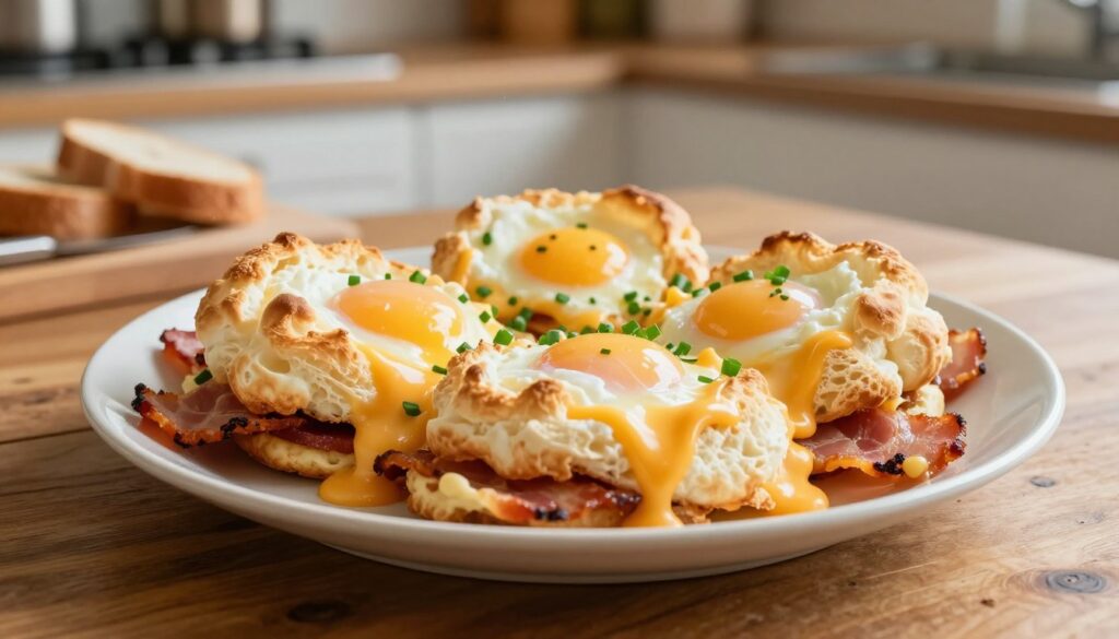 A beautifully arranged plate featuring cloud eggs, delicately whipped and fluffy, rising above a bed of crispy bacon strips, melted cheese, and fresh chopped chives. The cloud eggs are lightly golden-brown, showcasing their airy texture, while the bacon is perfectly crisp, adding a savory contrast. The cheese, a mix of cheddar and mozzarella, oozes slightly, blending harmoniously with the bright green chives sprinkled on top. The scene is set on a rustic wooden table, illuminated by warm, natural light, creating a cozy and inviting atmosphere. The focus is sharp on the breakfast plate in the foreground, with a soft, blurred kitchen background that suggests a homey cooking space. Ideal for showcasing a delicious and comforting breakfast experience.