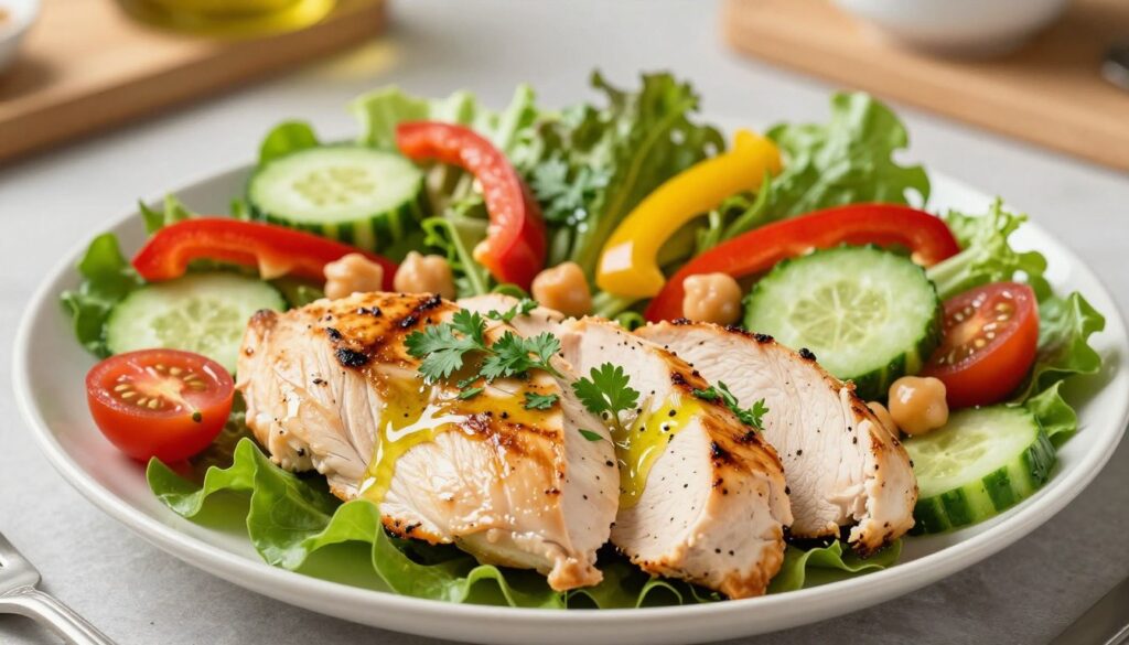 A beautifully arranged plate featuring easy grilled chicken breast slices placed atop a vibrant salad. The salad includes fresh mixed greens, sliced cucumbers, colorful bell peppers, juicy cherry tomatoes, and protein-rich chickpeas. In the foreground, the chicken is glistening with a light olive oil dressing, garnished with fresh herbs like parsley or cilantro. The middle ground showcases the salad elements in bright, appetizing colors, emphasizing freshness and healthiness. The background features a softly blurred kitchen setting, with warm, natural light casting gentle shadows, creating an inviting atmosphere. Captured from a slightly elevated angle to highlight the composition.