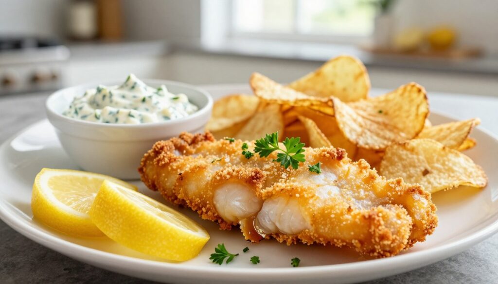 A beautifully arranged plate featuring pristine white fish fillets, lightly breaded and golden brown, emphasizing a healthy version of fish and chips. The fillets are displayed prominently in the foreground, garnished with fresh lemon wedges and a sprinkle of parsley for a pop of color. In the middle ground, a bowl of tangy tartar sauce and a side of crispy baked potato chips are artfully placed, creating a sense of balance. The background consists of a softly blurred kitchen setting, with natural light streaming through a window, illuminating the scene and creating a fresh, inviting atmosphere. The overall mood is vibrant and wholesome, celebrating a delicious, health-conscious meal. Capture this image from a slight angle, focusing on the textures of the fish and the appealing arrangement of the dish. A beautifully arranged plate featuring pristine white fish fillets, lightly breaded and golden brown, emphasizing a healthy version of fish and chips. The fillets are displayed prominently in the foreground, garnished with fresh lemon wedges and a sprinkle of parsley for a pop of color. In the middle ground, a bowl of tangy tartar sauce and a side of crispy baked potato chips are artfully placed, creating a sense of balance. The background consists of a softly blurred kitchen setting, with natural light streaming through a window, illuminating the scene and creating a fresh, inviting atmosphere. The overall mood is vibrant and wholesome, celebrating a delicious, health-conscious meal. Capture this image from a slight angle, focusing on the textures of the fish and the appealing arrangement of the dish.