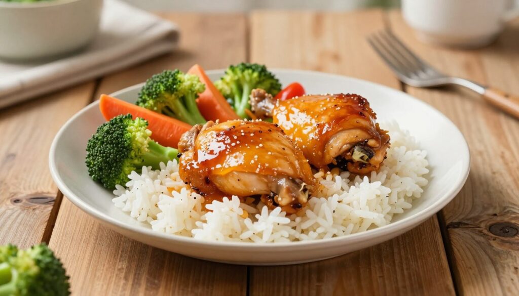 A beautifully arranged plate featuring sweet apricot chicken thighs, glazed and tender, resting on a bed of fluffy white rice. Surround the chicken with vibrant, colorful vegetables such as steamed broccoli, carrots, and bell peppers for a nutritious touch. The scene is styled on a rustic wooden table, with soft, natural lighting emphasizing the dish’s appealing colors and textures. In the background, there’s a hint of a cozy kitchen setting, with blurred utensils and a hint of greenery. Capture the image from a slightly elevated angle to showcase the dish's layers and details. Aim for a warm and inviting atmosphere, evoking comfort and homeliness, perfect for a family meal.