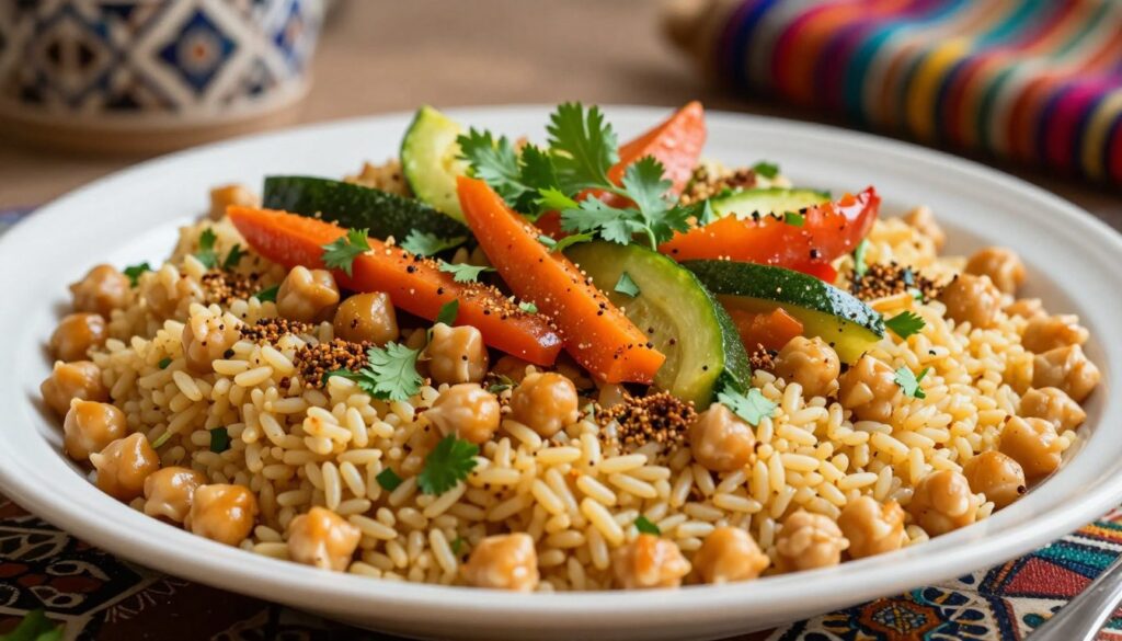 A beautifully arranged plate of Moroccan kasha pilaf with chickpeas and an array of vibrant spices, including cumin, coriander, and cinnamon, artfully sprinkled on top. In the foreground, focus on the textured grains of kasha mixed with golden-brown chickpeas, garnished with fresh herbs like cilantro and parsley. The middle ground features a colorful medley of sautéed vegetables, such as bell peppers, carrots, and zucchini, adding vibrancy and depth. Soft, warm lighting creates an inviting atmosphere, emphasizing the earthy tones of the dish. The background is softly blurred, hinting at an elegant Moroccan-inspired setting with decorative elements like intricate tile patterns and colorful textiles. Capture this image from a slightly elevated angle to highlight the dish's rich details and inviting presentation.