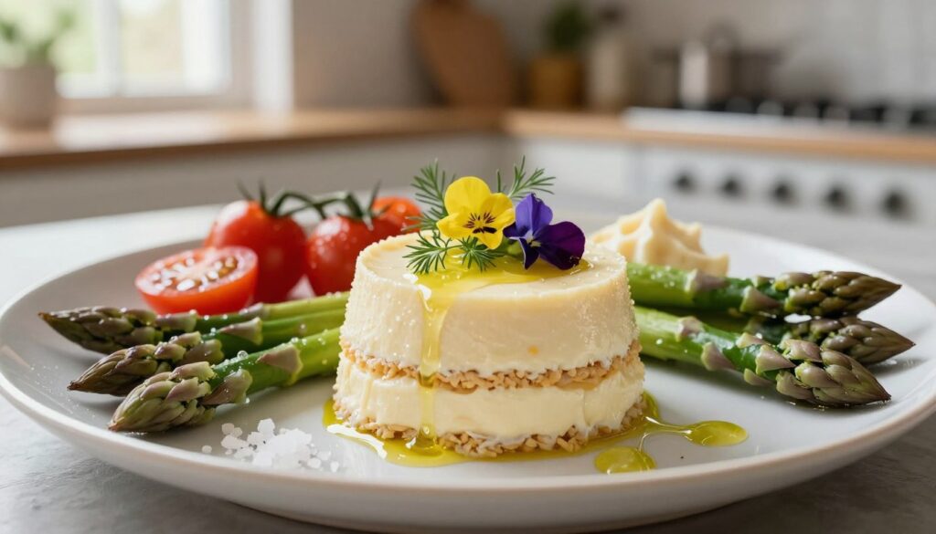 A beautifully arranged plate of asparagus mousse charlotte, showcasing fresh ingredients. In the foreground, the charlotte stands elegantly, its layers distinctly visible, garnished with delicate herbs and edible flowers. Surrounding the charlotte, there are vibrant green asparagus spears, glistening with dew, and soft, creamy textures of the mousse. In the middle ground, an array of colorful ingredients like ripe cherry tomatoes, a pinch of sea salt, and a drizzle of light olive oil enhance the appeal. The background features a softly blurred kitchen setting, with warm, natural lighting filtering through a window, creating a cozy atmosphere. The image captures the essence of sophistication and freshness, perfect for a culinary inspiration.