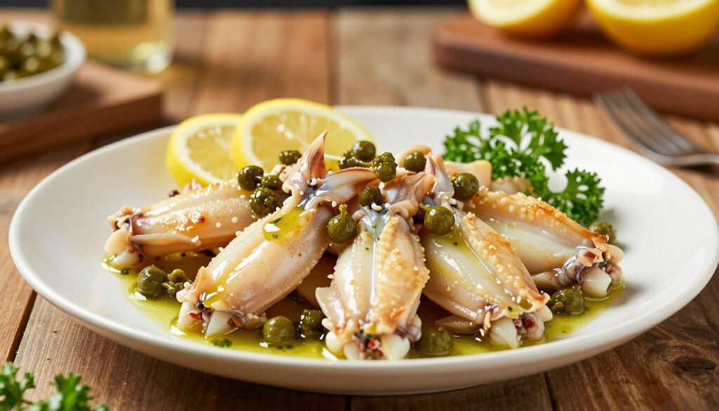 A beautifully arranged plate of cooked skate wings, lightly golden and glistening, served with a zesty lemon and caper sauce that drizzles over the fish. In the foreground, highlight the textures of the skate wings with intricate details of their skin and the freshness of the capers, which provide vibrant green splashes against the plate. Surrounding the dish, sprinkle fresh parsley for an added pop of color. In the middle background, include a rustic wooden table setup with a soft, ambient light casting gentle shadows, evoking a warm, inviting atmosphere. The depth of field is shallow, focusing on the plate while leaving a hint of a casual dining setting blurred behind. The overall mood is fresh, healthy, and appetizing, emphasizing the benefits of cooking skate wings.