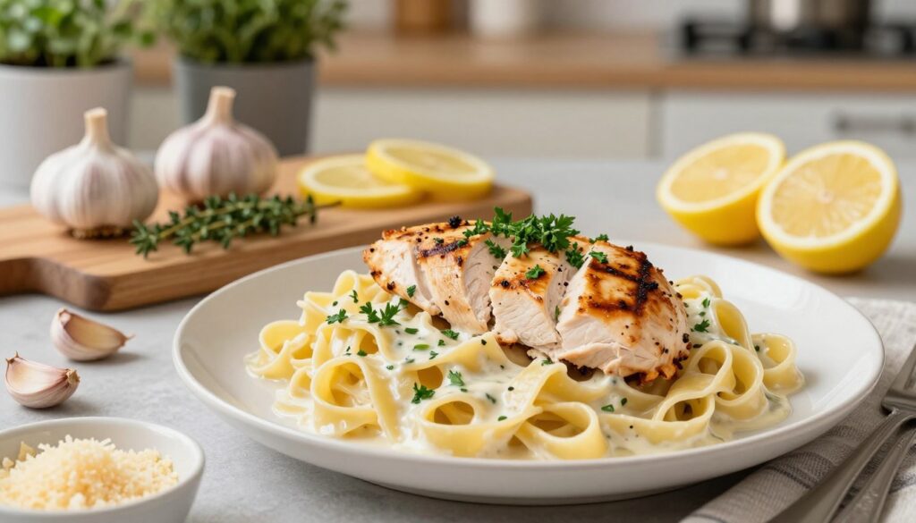 A beautifully arranged plate of creamy garlic chicken pasta, featuring tender, sliced grilled chicken breast delicately placed on top of al dente fettuccine noodles coated in a rich, velvety garlic cream sauce. Freshly chopped parsley is sprinkled over for a pop of color, alongside crushed garlic cloves and a small bowl of grated Parmesan cheese in the foreground. In the middle, a wooden cutting board displays ingredients like whole garlic bulbs, fresh thyme, and lemon slices. The background shows a softly lit kitchen environment, with herbs in pots and cooking utensils subtly blurred. The lighting is warm and inviting, capturing the essence of a cozy home-cooked meal. The overall mood is appetizing and inviting, aimed at inspiring viewers to create this delicious dish.