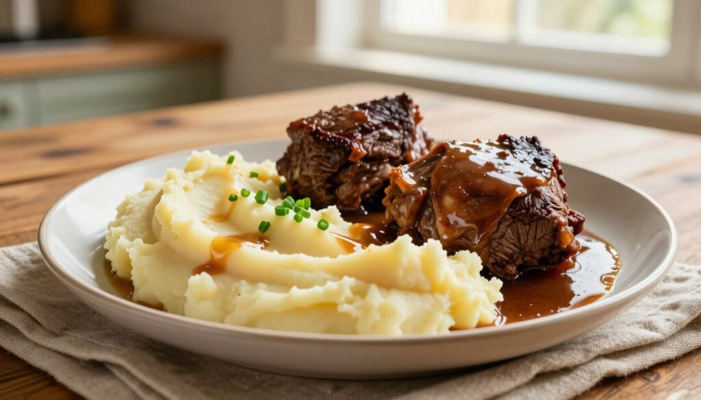 A beautifully arranged plate of creamy mashed potatoes, luxuriously smooth and fluffy, is served alongside tender, braised beef cheeks glistening with a rich, savory sauce. The foreground features the mashed potatoes, garnished with a sprinkle of fresh chives and drizzled with a hint of gravy. The beef cheeks are artfully placed to create an inviting contrast, showcasing their deep, warm tones. In the middle ground, a rustic wooden table adds a cozy feel, with a soft, faded linen napkin beneath the plate. The background is softly blurred, with hints of warm kitchen elements, like a window with gentle sunlight streaming in, creating a comforting atmosphere. The image is captured at a slight angle with soft, natural lighting, evoking warmth and nostalgia.