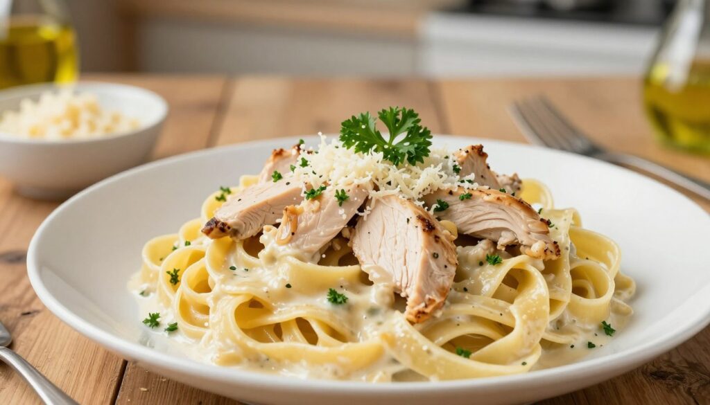 A beautifully arranged plate of creamy pasta with garlic chicken, showcasing perfectly cooked fettuccine noodles glistening with a rich garlic cream sauce. The chicken is tender, sliced into bite-sized pieces, and garnished with fresh parsley, adding a pop of vibrant green. In the foreground, the pasta is elegantly plated, with a sprinkle of grated parmesan cheese melting over the top. The middle ground features a wooden table for a rustic touch, with a small bowl of minced garlic and olive oil peeking in. In the background, softly blurred kitchen elements enhance the warm home-cooked atmosphere, illuminated by gentle overhead lighting that casts a soft glow, inviting viewers into a delightful culinary experience.