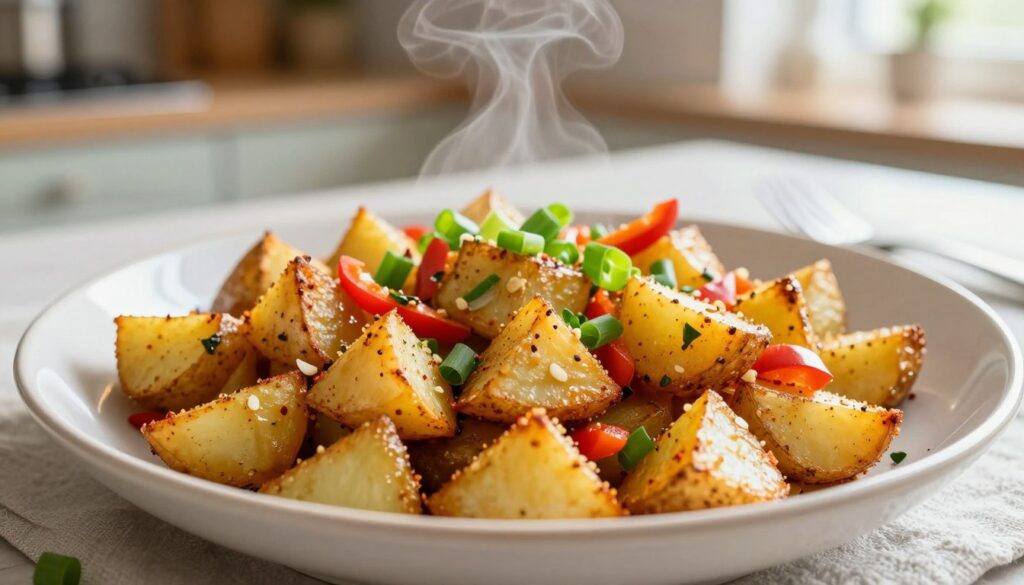 A beautifully arranged plate of crispy breakfast potato hash, featuring golden-edged diced potatoes perfectly sautéed to a tempting crunch. Each piece is seasoned with an aromatic blend of spices, including garlic, paprika, and fresh herbs, creating a savory allure. The foreground showcases the hash in an elegant ceramic bowl, with steam gently rising, signifying warmth and freshness. In the middle, a scattering of finely chopped green onions and red bell peppers adds vibrant color contrast. The background features a softly blurred kitchen table setting, with natural morning light streaming in, creating a welcoming, homely atmosphere. The image captures a delightful, mouthwatering essence, inviting viewers to imagine the delicious flavors and ease of preparation.