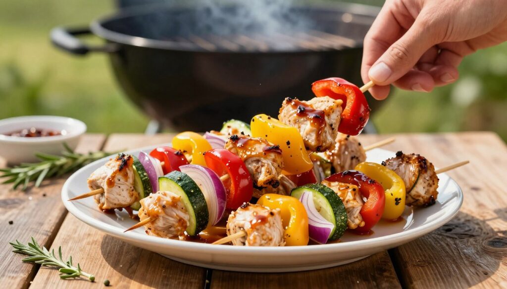 A beautifully arranged plate of easy chicken skewers, colorful and appetizing, showcasing juicy marinated chicken pieces interspersed with vibrant bell peppers, yellow zucchini, and red onions. The skewers are lightly glazed with a golden barbecue sauce, gleaming in the warm sunlight. In the foreground, the skewers are placed on a rustic wooden table with fresh herbs scattered around. In the middle, a hand gently lifts one skewer, ready to serve. The background features a blurred outdoor barbecue grill with subtle smoke rising, creating an inviting and cheerful atmosphere. The lighting is natural, enhancing the vibrant colors of the ingredients, giving a sense of warmth and summer. Perfect for an easy outdoor meal preparation scene.