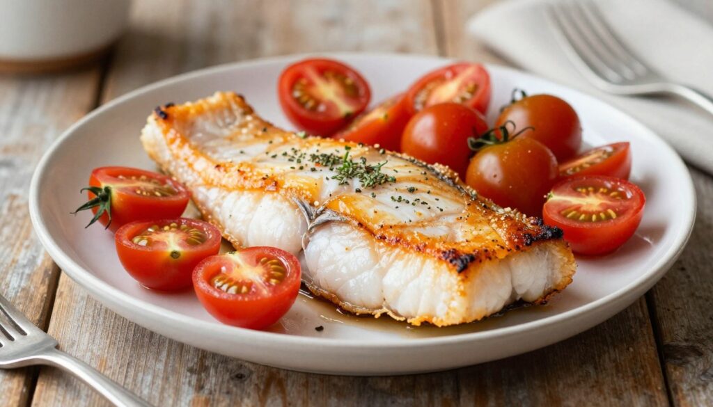 A beautifully arranged plate of flavorful roasted cod loin, perfectly cooked and golden-brown, accompanied by a vibrant cherry tomato medley. In the foreground, show a succulent piece of cod, with its flaky texture clearly visible, garnished with a sprinkle of fresh herbs. Surround the cod with colorful cherry tomatoes, some whole and some halved, showcasing their juicy interiors. The background should feature a rustic wooden table, enhancing the home-cooked atmosphere. Soft, natural lighting envelops the scene, casting gentle shadows that add depth, with a shallow depth of field focusing on the dish. A warm and inviting mood exudes from the image, perfect for a cozy cooking environment.
