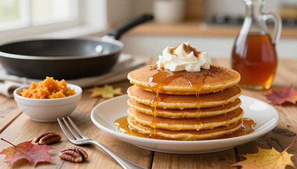 A beautifully arranged plate of golden-brown pumpkin pancakes stacked high, drizzled with warm maple syrup and topped with a sprinkle of cinnamon and a dollop of whipped cream. In the foreground, a fork lies next to the pancakes, alongside a small bowl of pumpkin puree and scattered pecans for added texture. In the middle, a rustic wooden table enhances the cozy, autumn atmosphere, with a few colorful fallen leaves around the plate. The background features blurred kitchen elements like a frying pan, a jug of maple syrup, and a window letting in soft, natural light, creating an inviting and warm ambiance. The image invokes a sense of homemade comfort, ideal for troubleshooting common pancake problems in cooking.
