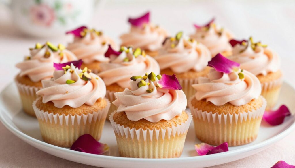 A beautifully arranged plate of moist cardamom and rose cupcakes, each topped with a swirl of creamy rose-flavored frosting. The cupcakes are delicately sprinkled with crushed pistachios and adorned with vibrant rose petals, enhancing their allure. In the foreground, focus on the cupcakes, capturing the intricate details of both the frosting and decorative toppings. The middle ground features soft, natural lighting that highlights the pastel hues of the cupcakes, creating a warm, inviting atmosphere. The background is softly blurred with hints of delicate floral patterns or light-colored tablecloth, enhancing the dreamy, romantic theme. Utilize a shallow depth of field to draw attention to the cupcakes, making them the true stars of the image.