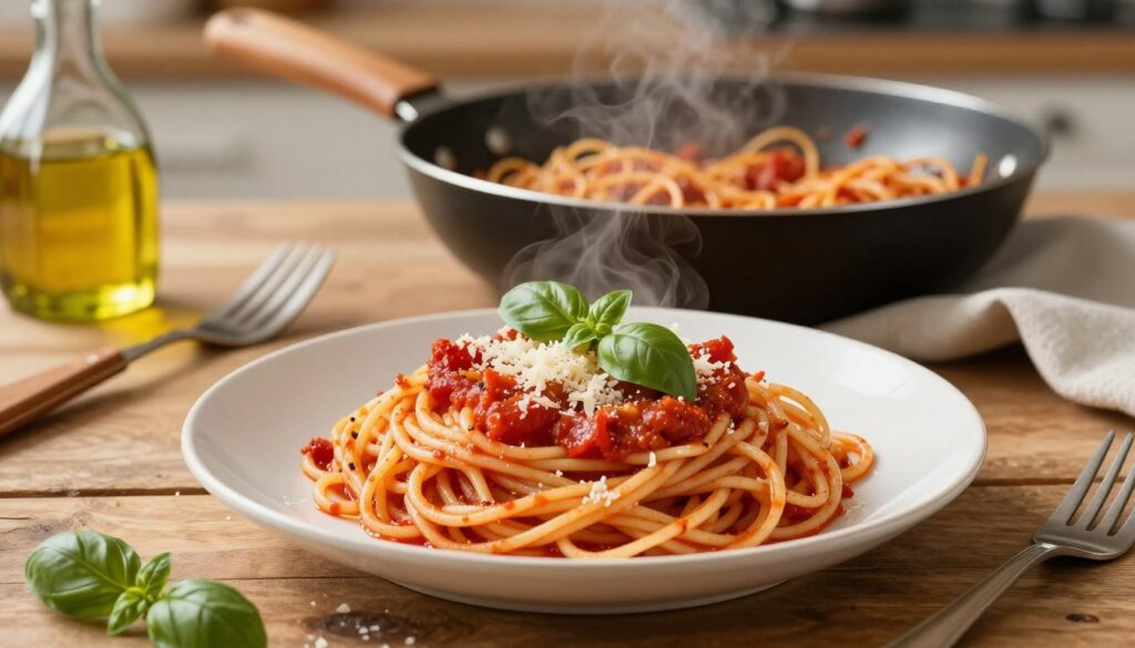 A beautifully arranged plate of one pan dirty spaghetti, showcasing a generous portion of al dente spaghetti noodles, mixed with a rich, savory tomato sauce, speckled with fresh basil leaves and grated Parmesan cheese on top. In the foreground, the plate sits on a rustic wooden table adorned with cooking utensils and an olive oil bottle. In the middle ground, a skillet is visibly filled with the remaining pasta, with a slight steam rising, indicators of fresh cooking. The background features a cozy kitchen ambiance with warm lighting, emphasizing a homey, inviting atmosphere. A gentle focus creates a soft blurriness around the edges, drawing the viewer's attention to the tempting dish and enhancing the overall mood of comfort and simplicity.