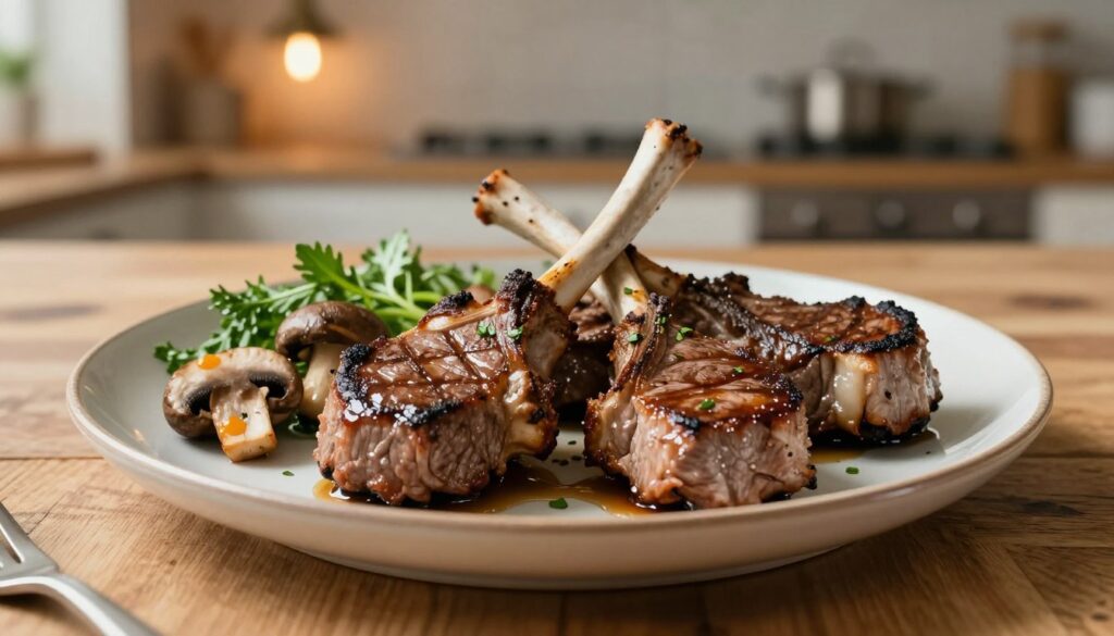 A beautifully arranged plate of sirloin tips on a textured wooden table, garnished with fresh herbs and colorful mushrooms. The sirloin tips are perfectly seared, showcasing a juicy, tender texture, glistening with natural juices. In the background, subtle hints of a rustic kitchen setting, with soft, warm lighting emanating from a hanging light fixture, creating a cozy and inviting atmosphere. The focus is sharp on the sirloin tips in the foreground, while the background features blurred kitchen elements, emphasizing the dish. A neutral color palette enhances the rich browns and greens of the ingredients, evoking a sense of wholesome nourishment. The mood is warm and welcoming, perfect for showcasing the nutritious benefits of sirloin tips.