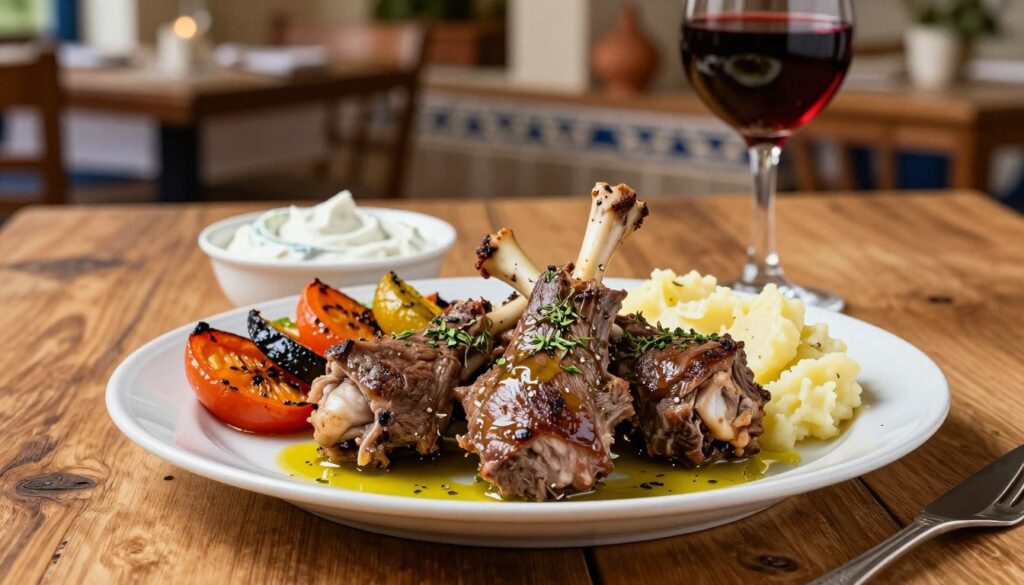 A beautifully arranged plate of tender Greek-style lamb shanks, garnished with fresh herbs, served on a rustic wooden table. In the foreground, the succulent shanks glisten, drizzled with rich, aromatic olive oil and a sprinkle of fragrant oregano. Accompanying the lamb are sides of roasted vegetables and creamy mashed potatoes, all vibrant in color. In the middle ground, a small bowl of zesty tzatziki adds a refreshing contrast, while a glass of red wine is elegantly placed to the side. The background features a softly blurred Greek tavern ambiance, with warm lighting and traditional pottery elements, evoking a cozy, inviting atmosphere. The overall mood is one of indulgence and warmth, perfect for appreciating the essence of Greek cuisine. A beautifully arranged plate of tender Greek-style lamb shanks, garnished with fresh herbs, served on a rustic wooden table. In the foreground, the succulent shanks glisten, drizzled with rich, aromatic olive oil and a sprinkle of fragrant oregano. Accompanying the lamb are sides of roasted vegetables and creamy mashed potatoes, all vibrant in color. In the middle ground, a small bowl of zesty tzatziki adds a refreshing contrast, while a glass of red wine is elegantly placed to the side. The background features a softly blurred Greek tavern ambiance, with warm lighting and traditional pottery elements, evoking a cozy, inviting atmosphere. The overall mood is one of indulgence and warmth, perfect for appreciating the essence of Greek cuisine.