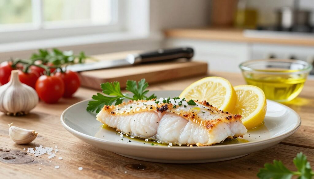A beautifully arranged plate showcasing an easy turbot fillet recipe, featuring tender, flaky turbot fillets delicately seasoned with sea salt and garnished with fresh herbs, such as parsley and lemon slices. In the foreground, display the glistening fillets on a rustic wooden table, complemented by an array of colorful ingredients like cherry tomatoes, garlic, and a small bowl of olive oil. The middle ground includes a chef's knife and cutting board, hinting at the preparation process. The background softly blends into a warm kitchen setting with bright natural light streaming in through a window, creating an inviting atmosphere. The focus is crispy crust on the fillets, emphasizing freshness and culinary artistry. Capture this scene with a shallow depth of field to keep the attention on the dish while gently blurring the background elements.