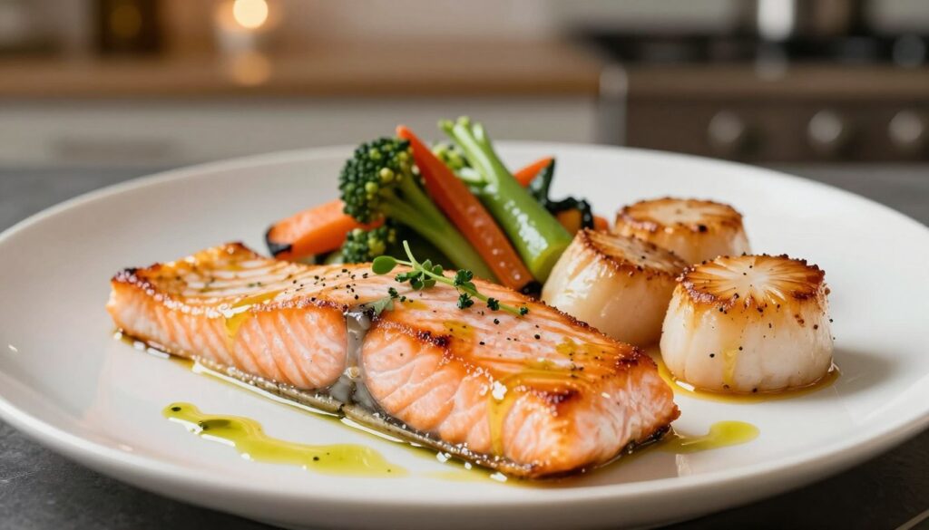 A beautifully arranged plate showcasing flavorful salmon escalopes, thinly sliced and lightly seared to golden perfection. The foreground features the escalopes garnished with fresh herbs and a drizzle of lemon-infused olive oil, emphasizing their juicy texture. Beside them, plump, succulent scallops are expertly cooked, showing a delicate caramelized crust. In the middle ground, a vibrant medley of sautéed seasonal vegetables adds color and freshness to the dish. The background features a soft-focus kitchen setting, softly lit by warm, ambient lighting that enhances the culinary feel. The image should convey an inviting and sophisticated atmosphere, perfect for a gourmet dining experience, captured with a close-up angle to accentuate the details and flavors of the dish. A beautifully arranged plate showcasing flavorful salmon escalopes, thinly sliced and lightly seared to golden perfection. The foreground features the escalopes garnished with fresh herbs and a drizzle of lemon-infused olive oil, emphasizing their juicy texture. Beside them, plump, succulent scallops are expertly cooked, showing a delicate caramelized crust. In the middle ground, a vibrant medley of sautéed seasonal vegetables adds color and freshness to the dish. The background features a soft-focus kitchen setting, softly lit by warm, ambient lighting that enhances the culinary feel. The image should convey an inviting and sophisticated atmosphere, perfect for a gourmet dining experience, captured with a close-up angle to accentuate the details and flavors of the dish.