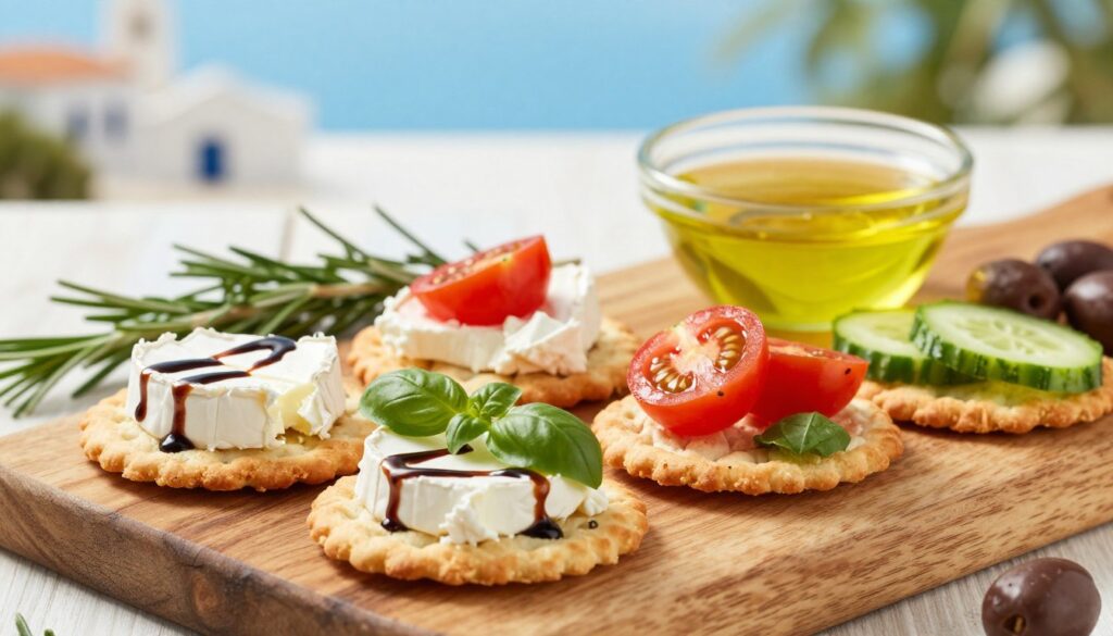 A beautifully arranged platter of Mediterranean cracker appetizers featuring fresh ingredients. In the foreground, showcase a variety of golden-brown crackers topped with creamy Brie cheese, vibrant cherry tomatoes, crisp cucumber slices, and aromatic fresh basil leaves. Include a drizzle of balsamic glaze for added elegance. The middle ground should display a rustic wooden board adorned with sprigs of rosemary, a bowl of olive oil for dipping, and scattered olives for contrast. In the background, softly blurred Mediterranean-inspired elements like a bright blue sky and a hint of greenery create a warm and inviting atmosphere. Use natural lighting to enhance the freshness of the ingredients, with a shallow depth of field to focus on the appetizers while providing a cheerful and inviting mood.