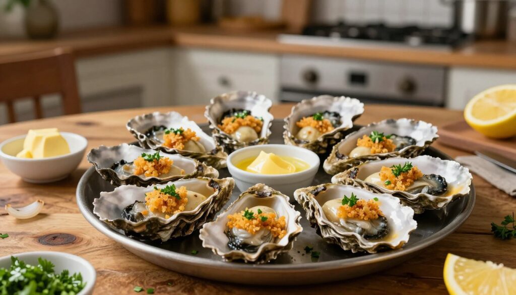 A beautifully arranged platter of hot oysters, baked with shallots, sits prominently in the foreground. Each oyster is delicately open, topped with golden, crispy breadcrumbs and finely chopped green herbs. Surrounding the oysters are small bowls containing melted butter, lemon wedges, and finely chopped parsley, adding to the visual appeal. The middle ground features a rustic wooden table, enhancing the homely, inviting atmosphere of the scene. Soft, warm lighting bathes the oysters, creating a mouthwatering sheen on their surface, while the background is a softly blurred kitchen setting, hinting at a cozy cooking space. The overall mood evokes a sense of comfort and culinary delight, perfect for a delectable dining experience.