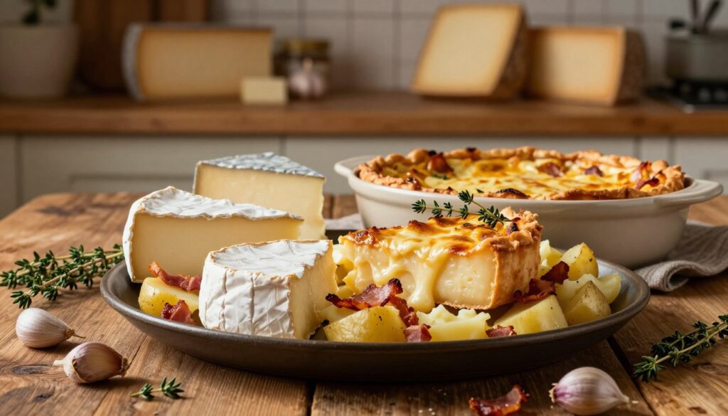 A beautifully arranged platter showcasing the best cheese alternatives for tartiflette, featuring melty, golden-brown cheese, such as Camembert, Brie, and Port Salut, artistically layered over creamy potatoes and crispy bacon bits. In the foreground, a rustic wooden table with fresh herbs and garlic cloves scattered for a touch of authenticity. In the middle, a warm, bubbling dish of tartiflette, garnished with fresh thyme, resting in a ceramic baking dish. In the background, a softly lit kitchen with wooden shelves holding cheese varieties and French cookbooks, evoking a cozy, inviting atmosphere. The lighting should be warm and inviting, highlighting the textures of the cheese and the golden crust, while casting gentle shadows that create a delicious, homey ambiance. A beautifully arranged platter showcasing the best cheese alternatives for tartiflette, featuring melty, golden-brown cheese, such as Camembert, Brie, and Port Salut, artistically layered over creamy potatoes and crispy bacon bits. In the foreground, a rustic wooden table with fresh herbs and garlic cloves scattered for a touch of authenticity. In the middle, a warm, bubbling dish of tartiflette, garnished with fresh thyme, resting in a ceramic baking dish. In the background, a softly lit kitchen with wooden shelves holding cheese varieties and French cookbooks, evoking a cozy, inviting atmosphere. The lighting should be warm and inviting, highlighting the textures of the cheese and the golden crust, while casting gentle shadows that create a delicious, homey ambiance.