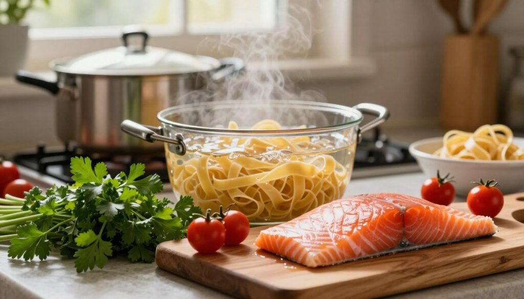 A beautifully arranged preparation scene of Italian salmon pasta, specifically tagliatelle, in a cozy kitchen. In the foreground, a wooden cutting board holds fresh ingredients: vibrant green parsley, cherry tomatoes, and a fillet of pink salmon. A pot of boiling water bubbles lightly in the middle, with long strands of tagliatelle swirling inside. In the background, soft, warm lighting creates an inviting atmosphere, highlighting rustic kitchen details like a classic pasta pot and ceramic serving dish. The camera angle is slightly above eye level, capturing the delicious chaos of cooking. The mood is warm and homely, evoking the comfort of making a delightful meal at home. Natural light filters through a window, enhancing the colors and textures of the ingredients, ensuring everything appears fresh and appetizing. A beautifully arranged preparation scene of Italian salmon pasta, specifically tagliatelle, in a cozy kitchen. In the foreground, a wooden cutting board holds fresh ingredients: vibrant green parsley, cherry tomatoes, and a fillet of pink salmon. A pot of boiling water bubbles lightly in the middle, with long strands of tagliatelle swirling inside. In the background, soft, warm lighting creates an inviting atmosphere, highlighting rustic kitchen details like a classic pasta pot and ceramic serving dish. The camera angle is slightly above eye level, capturing the delicious chaos of cooking. The mood is warm and homely, evoking the comfort of making a delightful meal at home. Natural light filters through a window, enhancing the colors and textures of the ingredients, ensuring everything appears fresh and appetizing.