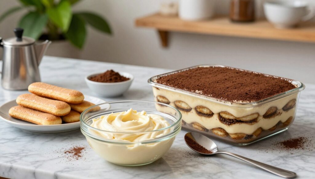 A beautifully arranged preparation scene of a quick tiramisu dessert without eggs. In the foreground, display a glass bowl filled with a luscious mascarpone mixture, a scoop resting on a spatula beside it. To one side, a small plate of coffee-soaked ladyfingers, glistening with a delicate dusting of cocoa powder. In the middle, a clean marble countertop with scattered ingredients like cocoa powder and a coffee pot, hinting at the flavors. The background features soft-focus kitchen elements, like a vibrant plant and rustic wooden shelves. The scene is illuminated with warm, natural light, creating an inviting and homey atmosphere. Capture the angle from slightly above, offering a comprehensive view of the vibrant ingredients and elegant layering of the dessert.