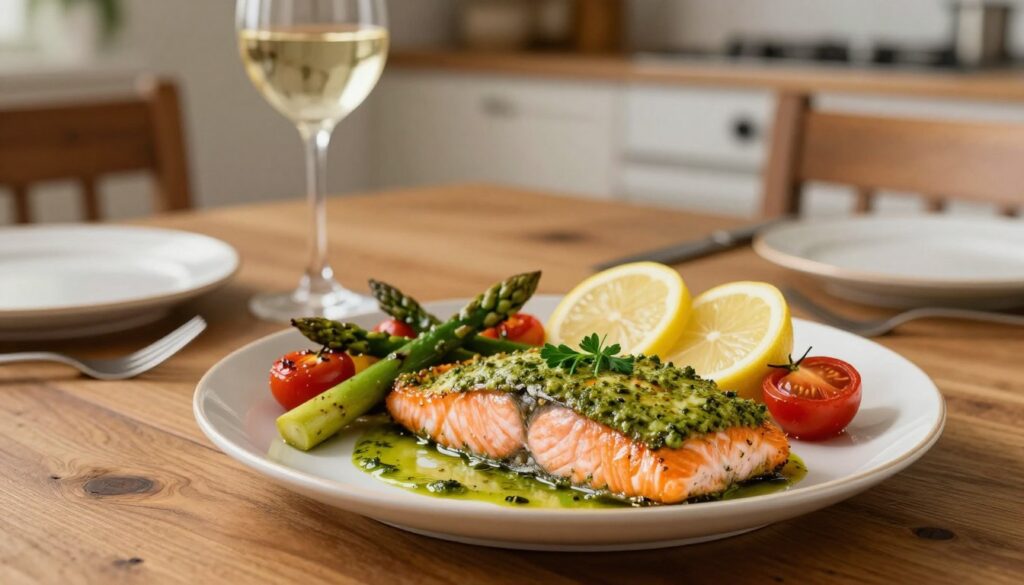 A beautifully arranged quick seafood dinner featuring a plate of baked pesto salmon, garnished with fresh herbs and lemon slices. In the foreground, the salmon fillet glistens with a vibrant green pesto crust, alongside a colorful medley of roasted vegetables, including asparagus and cherry tomatoes. The middle ground showcases a rustic wooden dining table set with elegant tableware, and a glass of white wine. In the background, soft, warm lighting enhances the inviting atmosphere, with a hint of a kitchen setting blurred behind. Capture the essence of a cozy, effortless dining experience indoors, with a focus on the delicious meal that embodies simplicity and flavor, taken with a slight top-down angle to highlight the dish.