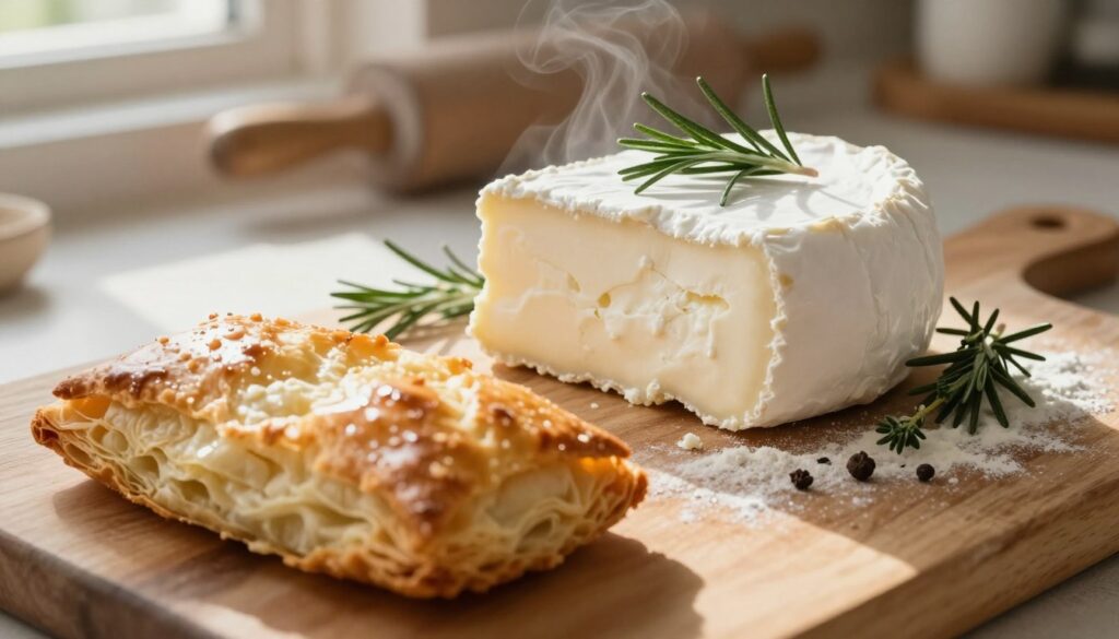 A beautifully arranged scene capturing flaky pastry surrounded by fresh goat cheese, with ingredients like herbs and spices artistically placed around. The foreground features a golden-brown pastry, showcasing its delicate layers and a hint of steam rising. In the middle, a partially opened block of creamy goat cheese with a soft, inviting texture, garnished with sprigs of rosemary and thyme. The background includes a rustic wooden countertop with scattered flour and a rolling pin, enhancing the kitchen atmosphere. Soft, natural light filters in from a nearby window, creating warm highlights and shadows. The image evokes a cozy, inviting ambiance perfect for cooking and preparation.