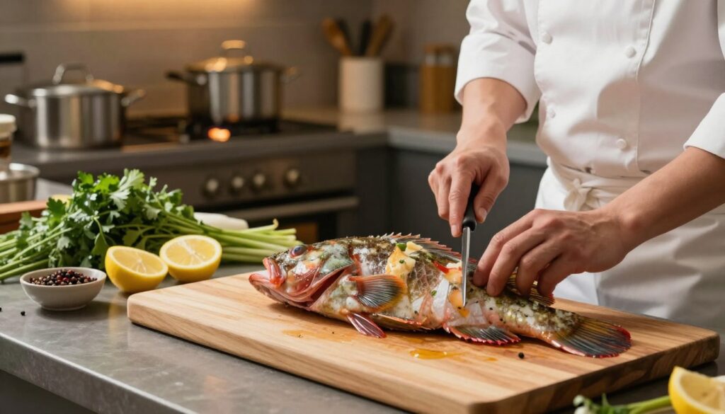 A beautifully arranged scene of fresh scorpionfish being prepared for cooking. In the foreground, a skilled chef in a white apron and professional attire fillets a vibrant scorpionfish on a wooden cutting board, knife glinting under soft, warm kitchen lighting. The fish has striking features, including its colorful skin and intricate details. In the middle ground, ingredients like fresh herbs, lemon wedges, and spices are artfully displayed, hinting at a baked scorpionfish recipe. The background features a cozy kitchen with pots, pans, and a softly glowing oven, suggesting a welcoming atmosphere. The image captures the essence of culinary artistry while focusing on the preparation of fresh seafood.