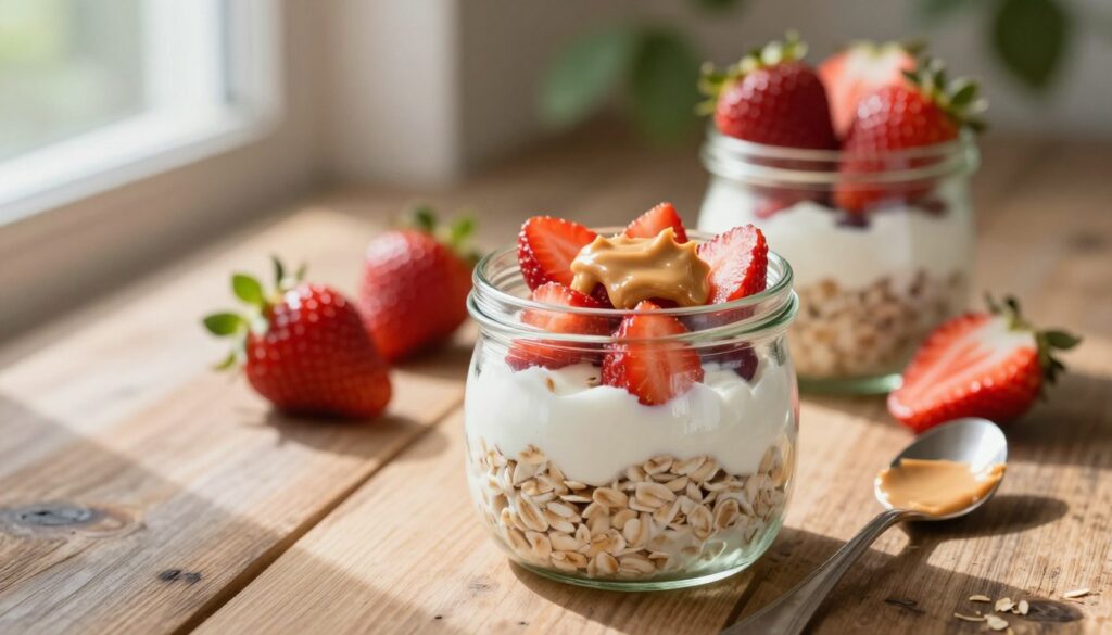 A beautifully arranged scene of high-protein overnight oats featuring fresh strawberries and creamy peanut butter. In the foreground, a clear glass jar filled with layers of oats, Greek yogurt, and vibrant red strawberries sits on a rustic wooden table. A spoon rests beside the jar, glistening with a touch of peanut butter. The middle ground showcases additional strawberries, some whole and some sliced, adding a pop of color. Soft, natural light streams in from a nearby window, casting gentle shadows that create a warm, inviting atmosphere. In the background, blurred greenery hints at a kitchen garden, enhancing the fresh, wholesome vibe. Capture this with a shallow depth of field for a cozy, intimate feel.