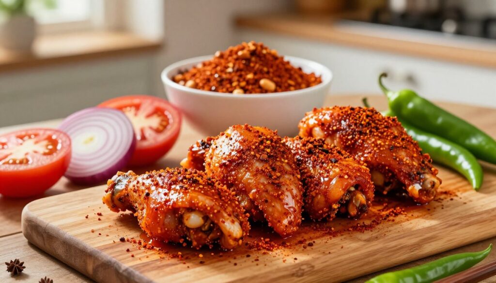 A beautifully arranged scene showcasing marinating chicken coated in vibrant suya spices. In the foreground, a wooden cutting board holds several chicken pieces generously covered in a bright red spice mix, glistening with oil, highlighting the rustic texture. Surrounding the chicken are fresh ingredients like sliced onions, tomatoes, and green peppers, adding color and freshness. In the middle ground, a bowl of traditional suya spice blend, with hints of ground peanuts and spices, is prominently displayed. The background features a warm, inviting kitchen setting with soft, natural lighting streaming in, creating a cozy atmosphere. The angle is slightly overhead, capturing the allure and richness of the marinating process, evoking anticipation for the meal to come.