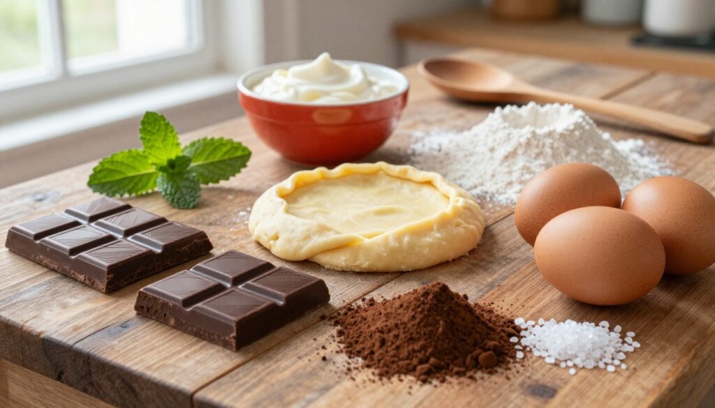 A beautifully arranged selection of gourmet chocolate tart ingredients displayed on a rustic wooden table. In the foreground, showcase rich dark chocolate bars, cocoa powder, and fresh eggs, along with a scattering of sea salt. In the middle, include buttery pastry dough rolled into a perfect circle, nestled next to a vibrant bowl of cream, and scattered flour. The background features soft natural lighting filtering through an adjacent window, creating an inviting atmosphere, with a few sprigs of fresh mint and a wooden spoon artfully placed. The angle should be a slight overhead view, emphasizing the textures and colors of the ingredients, evoking a sense of warmth and indulgence in a cozy kitchen setting.