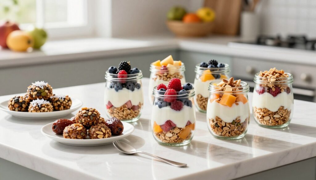 A beautifully arranged selection of quick no-bake healthy desserts ready to serve on a well-lit kitchen countertop. In the foreground, focus on colorful parfaits layered with yogurt, fruits, and granola in glass jars, showcasing vibrant berries and creamy textures. In the middle, include small plates with energy bites made from nuts, dates, and seeds, garnished with shredded coconut. Soft natural light streams in from a window, casting gentle shadows for depth. The background features a blurred view of a fruit bowl and kitchen utensils to suggest a homey atmosphere. Capture a sense of freshness and simplicity, highlighting easy preparation and vibrant colors in a modern kitchen setting.