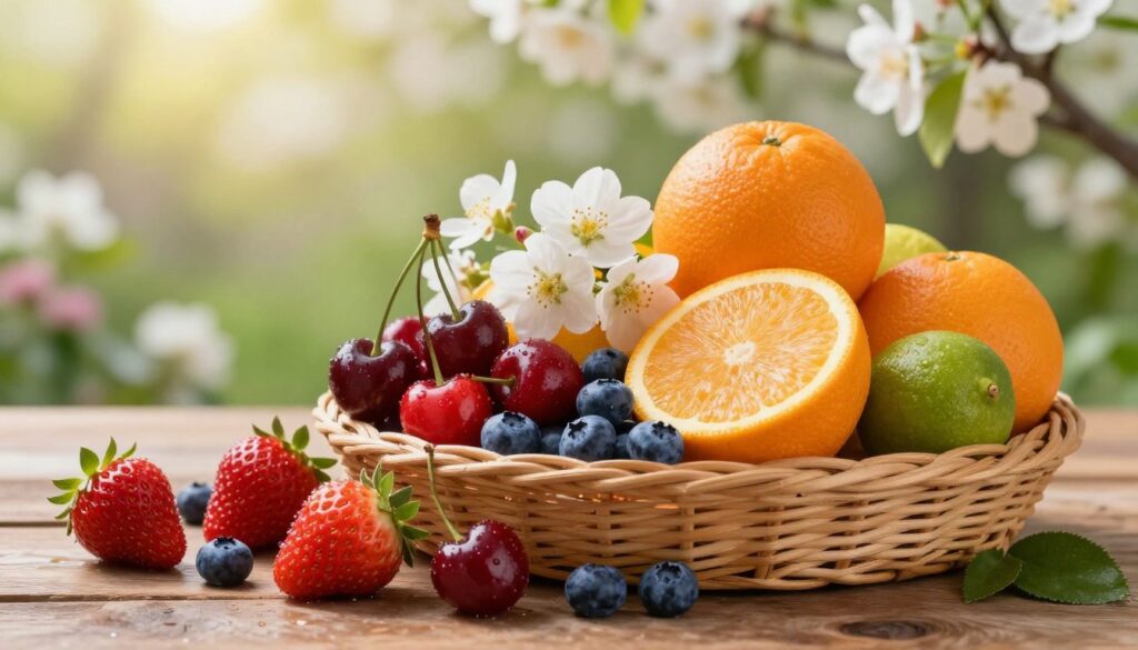 A beautifully arranged selection of the best spring fruits, including vibrant strawberries, juicy cherries, plump blueberries, and zesty citrus fruits like oranges and limes, artfully arranged in a wicker basket on a rustic wooden table. In the foreground, droplets of water glisten on the fresh fruits, emphasizing their freshness and inviting appeal. The middle of the scene features a delicate flower arrangement alongside the fruit, adding a touch of springtime charm. The background is softly blurred, showcasing a sunlit garden with blooming flowers, creating a warm and uplifting atmosphere. The overall lighting is natural and soft, reminiscent of a sunny spring day, with a focus on the colors and textures of the fresh fruits. The image conveys health, freshness, and seasonal abundance.