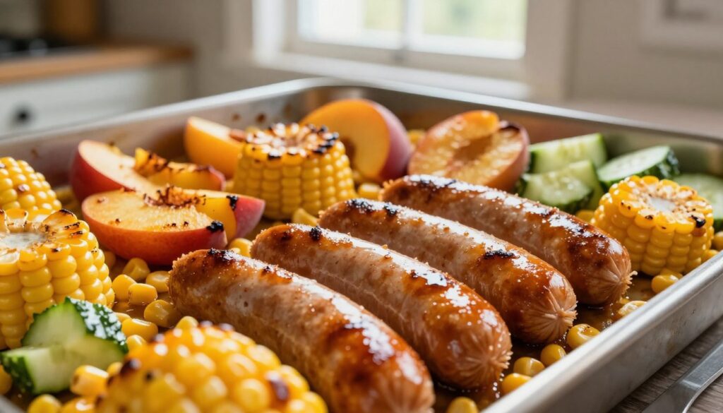 A beautifully arranged sheet pan featuring a mouthwatering sausage dish, with golden-brown sausages nestled among vibrant, roasted corn kernels, juicy peach slices, and crisp cucumber chunks. In the foreground, the sausages are slightly glistening, showcasing their savory juices. The middle layer presents colorful vegetables, with some corn kernels caramelized and peaches lightly charred to enhance their sweetness. The background is softly blurred, hinting at a cozy kitchen atmosphere, with warm, natural lighting cascading from a window above. Capture the dish from a slight overhead angle, giving a sense of abundance and inviting warmth, perfect for a satisfying family dinner. The overall mood is wholesome and appetizing, evoking a sense of home-cooked comfort.
