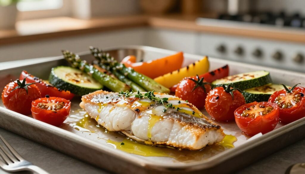 A beautifully arranged sheet pan featuring a roasted fish fillet, glistening with a light drizzle of olive oil and fresh herbs. Surround the fish with vibrant roasted cherry tomatoes that burst with color, alongside an assortment of seasonal vegetables such as zucchini, bell peppers, and asparagus, all caramelized to perfection. The fish should be positioned in the foreground, with a soft focus on the vivid colors of the vegetables. The background showcases a rustic kitchen setting, with warm, natural light streaming in, creating a cozy atmosphere. Use a shallow depth of field to keep the focus on the dish while blurring any kitchen elements in the back. The overall mood should be inviting and appetizing, perfect for a home-cooked meal.