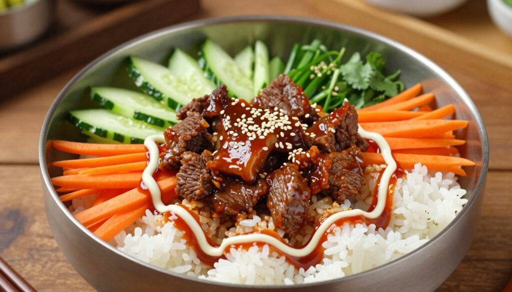 A beautifully arranged spicy Korean beef bowl sits on a rustic wooden table. In the foreground, generous portions of marinated beef glisten, surrounded by vibrant vegetables like thinly sliced cucumbers, shredded carrots, and scallions. Fluffy white rice forms a steaming base, topped with a rich, glossy drizzle of gochujang mayo, artistically swirling across the dish. The middle ground features a side of sesame seeds and cilantro, adding texture and color. Soft, ambient lighting gently illuminates the scene, creating a warm and inviting atmosphere. The background is softly blurred, hinting at a cozy kitchen environment. The camera angle captures a top-down view, emphasizing the intricate details and vivid colors, making the meal look irresistible and enticing.