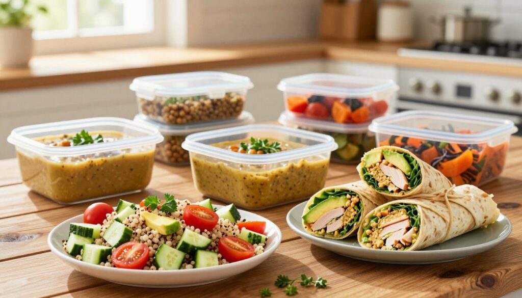 A beautifully arranged spread of easy gut-friendly lunches set on a rustic wooden table. In the foreground, a vibrant quinoa salad with diced cucumbers, cherry tomatoes, and avocado garnished with fresh herbs. Next to it, colorful wrap sandwiches filled with hummus, leafy greens, and sliced turkey, artfully cut in half to reveal their contents. In the middle ground, meal prep containers filled with hearty lentil soup and roasted vegetables, each container organized and inviting. In the background, a soft-focus kitchen setting with warm, natural sunlight filtering through a window, creating a cozy and inviting atmosphere. The overall mood is joyful and healthy, perfect for meal planning.