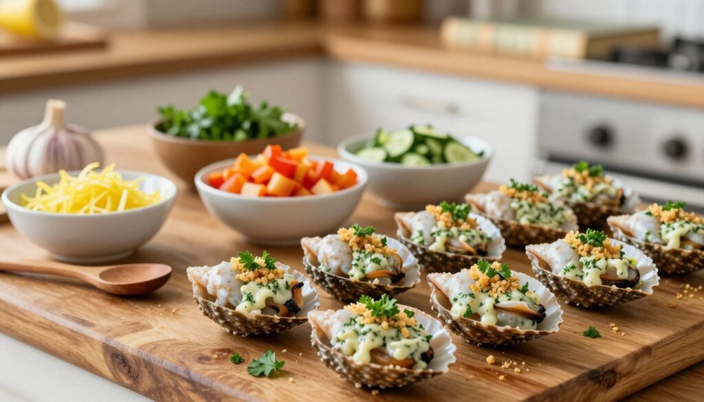 A beautifully arranged step-by-step assembly of stuffed whelks, showcasing a vibrant array of ingredients spread across a rustic wooden countertop. In the foreground, a detailed close-up of fresh, open whelk shells filled with a creamy, herbaceous stuffing, garnished with breadcrumbs and finely chopped parsley. In the middle, display bowls of colorful ingredients like garlic, lemon zest, diced vegetables, and fresh herbs, with a small wooden spoon beside them. The background features a warm kitchen setting, with soft, natural lighting highlighting the textures of the food. Incorporate a blurred vintage cookbook on a shelf for a cozy, inviting atmosphere. Capture the image with a shallow depth of field, enhancing the focus on the delicious stuffed shells while creating a homey and approachable vibe. A beautifully arranged step-by-step assembly of stuffed whelks, showcasing a vibrant array of ingredients spread across a rustic wooden countertop. In the foreground, a detailed close-up of fresh, open whelk shells filled with a creamy, herbaceous stuffing, garnished with breadcrumbs and finely chopped parsley. In the middle, display bowls of colorful ingredients like garlic, lemon zest, diced vegetables, and fresh herbs, with a small wooden spoon beside them. The background features a warm kitchen setting, with soft, natural lighting highlighting the textures of the food. Incorporate a blurred vintage cookbook on a shelf for a cozy, inviting atmosphere. Capture the image with a shallow depth of field, enhancing the focus on the delicious stuffed shells while creating a homey and approachable vibe.