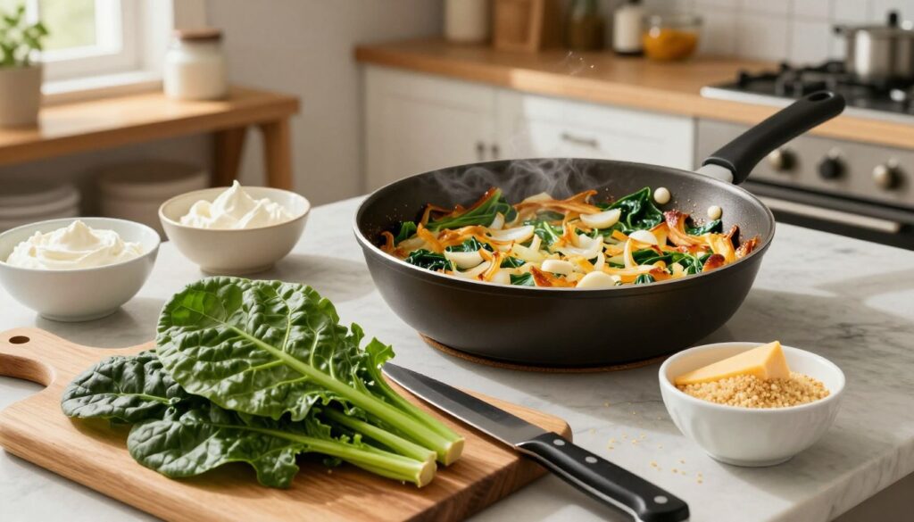 A beautifully arranged step-by-step guide to making Swiss chard gratin, featuring a detailed kitchen scene. In the foreground, fresh Swiss chard leaves are carefully stacked on a wooden cutting board, with a sharp knife beside them. In the middle ground, a large skillet sizzles with sautéed garlic and onions, golden-brown and aromatic, ready to be combined with the chard. Several bowls hold ingredients like cream, cheese, and breadcrumbs, artistically placed for a vibrant feel. In the background, a well-lit kitchen showcases rustic shelves filled with cooking essentials, creating a warm and inviting atmosphere. Soft natural lighting streams through a nearby window, enhancing the appetizing colors and textures. The angle captures an overhead view, making the process clear and engaging without any text or distractions. A beautifully arranged step-by-step guide to making Swiss chard gratin, featuring a detailed kitchen scene. In the foreground, fresh Swiss chard leaves are carefully stacked on a wooden cutting board, with a sharp knife beside them. In the middle ground, a large skillet sizzles with sautéed garlic and onions, golden-brown and aromatic, ready to be combined with the chard. Several bowls hold ingredients like cream, cheese, and breadcrumbs, artistically placed for a vibrant feel. In the background, a well-lit kitchen showcases rustic shelves filled with cooking essentials, creating a warm and inviting atmosphere. Soft natural lighting streams through a nearby window, enhancing the appetizing colors and textures. The angle captures an overhead view, making the process clear and engaging without any text or distractions.