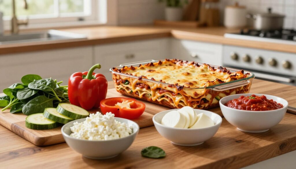 A beautifully arranged step-by-step recipe for baking vegetable lasagna, displayed on a rustic wooden kitchen countertop. In the foreground, vibrant ingredients are laid out, including layers of fresh spinach, sliced zucchini, bell peppers, ricotta cheese, mozzarella, and marinara sauce, artfully organized in bowls and on a cutting board. In the middle, a pre-prepared baking dish with lasagna layers shows a rich, golden top layer of melted cheese. The background features a warmly lit kitchen with soft, natural light streaming in through a window, creating a cozy and inviting atmosphere. The image captures a cheerful cooking vibe, ideal for home cooks seeking an easy, healthy, and delicious recipe. The composition focuses on clarity and detail, adding a sense of warmth and culinary inspiration, without any text or distractions.